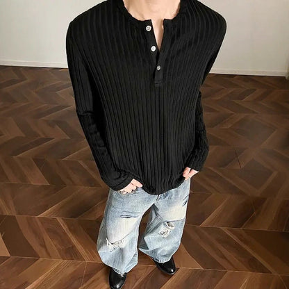 Mens Long-Sleeve T-Shirt Loose-Fit Striped All-Match Top