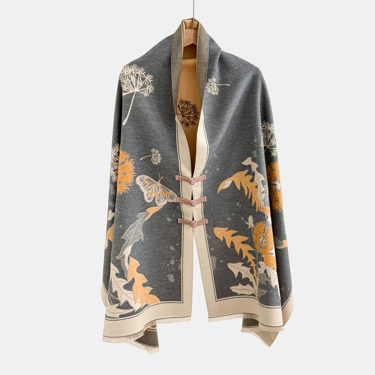 Vintage Knot-button Outerwear Jacquard Shawl