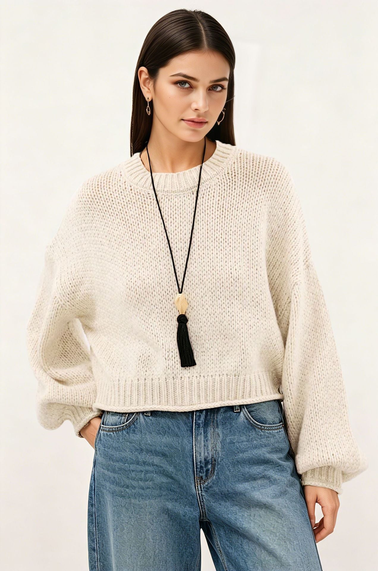 Womens Loose-Fit Round-Neck Casual All-Match Knitted Sweater