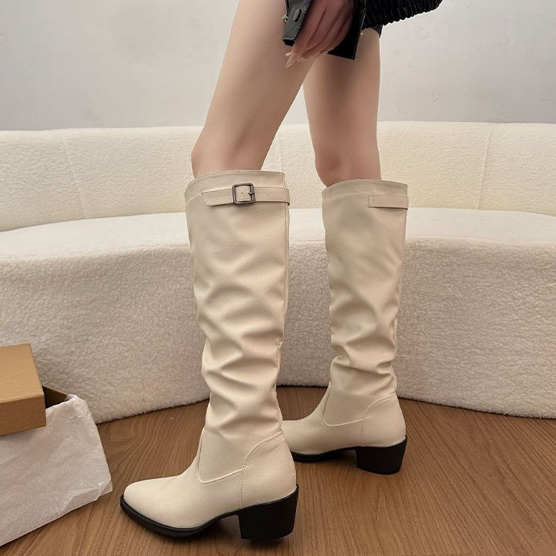 Women Beige Slouchy Knee High Boots Square Buckle Block Heel Pointed Toe Western Knight Boots