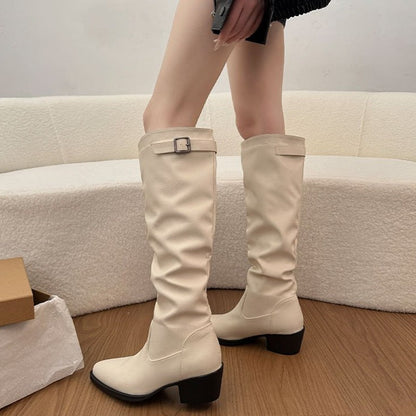 Women Beige Slouchy Knee High Boots Square Buckle Block Heel Pointed Toe Western Knight Boots