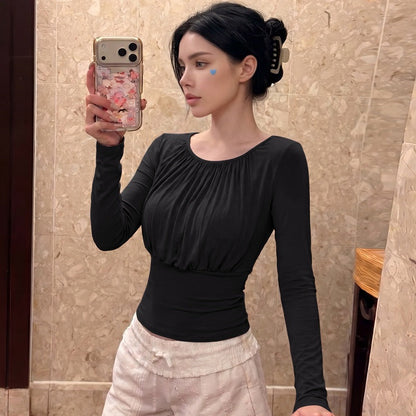 Fashionable And Sexy Waist-cinching Long-sleeve Top With A Back Tie