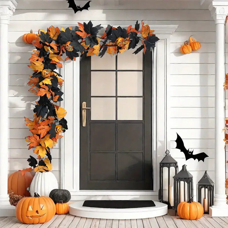 Halloween Artificial Maple Leaf Garland, Pumpkin Spider Fall Vine Decor, Spooky Hanging Garland For Front Door Mantel Wall, Halloween Party Holiday Decorations