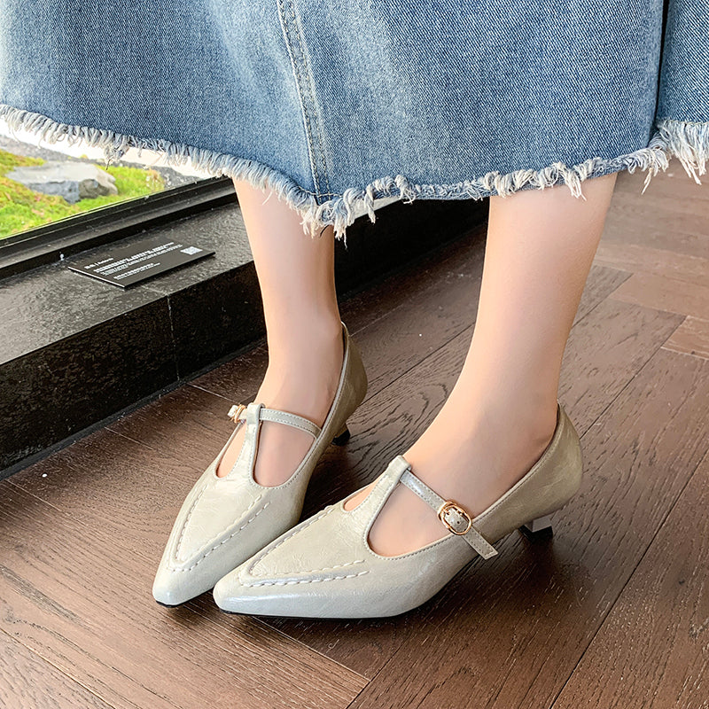 Women Vintage French Crinkled Leather Kitten Heel Pumps,  Daily Commuting Dress Shoes