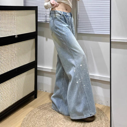 Babys-breath Hot-stone-embellished Wide-leg Denim Jeans For Women