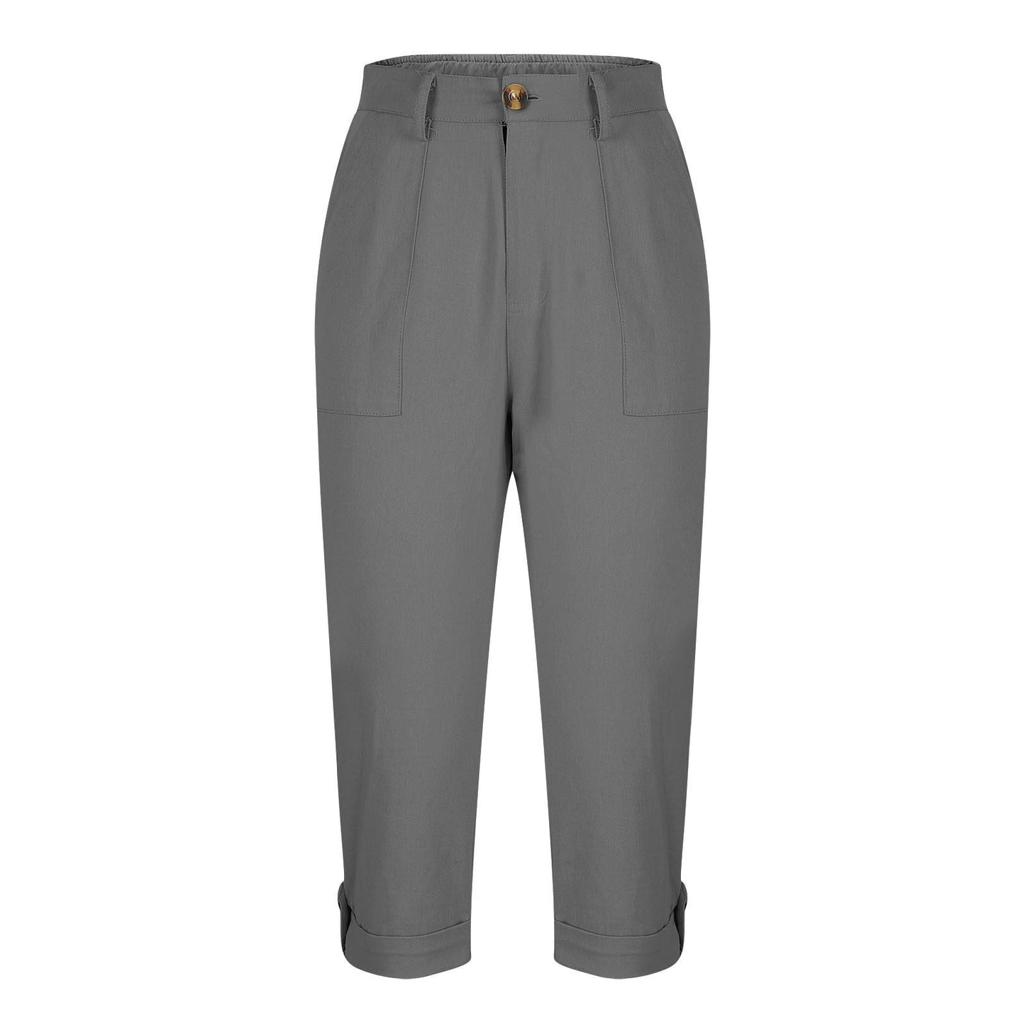 Cross-border Women's Solid Color Workwear Pants Waist Button Pants Ear Design Pants Leg Curled Women's Cropped Pants