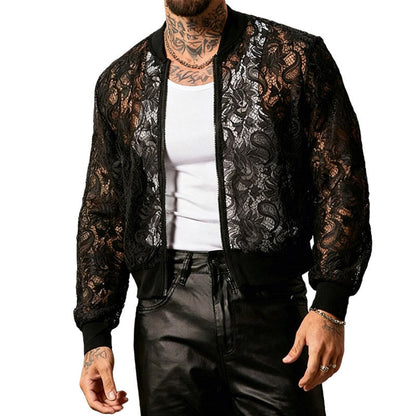 Mens Lace-See-Through Long-Sleeve Aviator Jacket