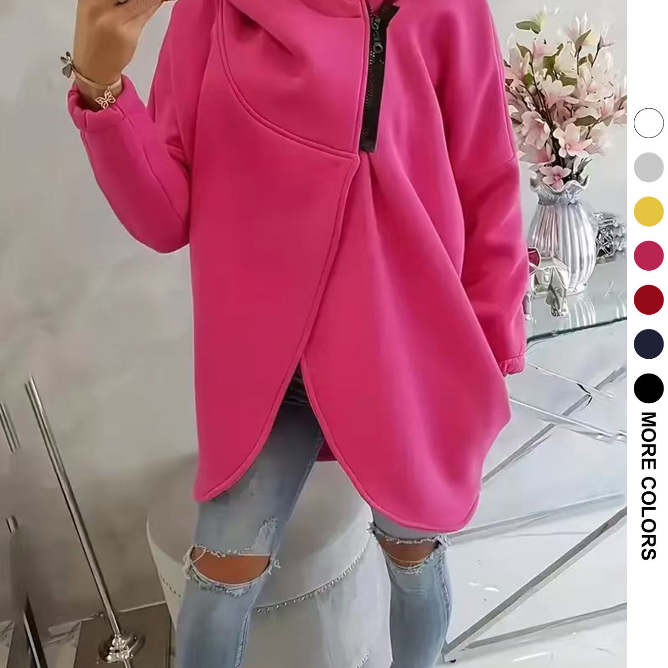 Womens Solid-color Long-sleeve Casual Hooded Sweatshirt