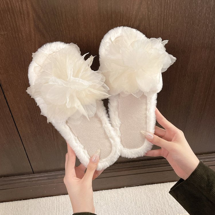 Women's 2026 Autumn Winter New Home Floral Furry Slippers, Flat Indoor Single Band Plush Soft Sole Cotton Slides