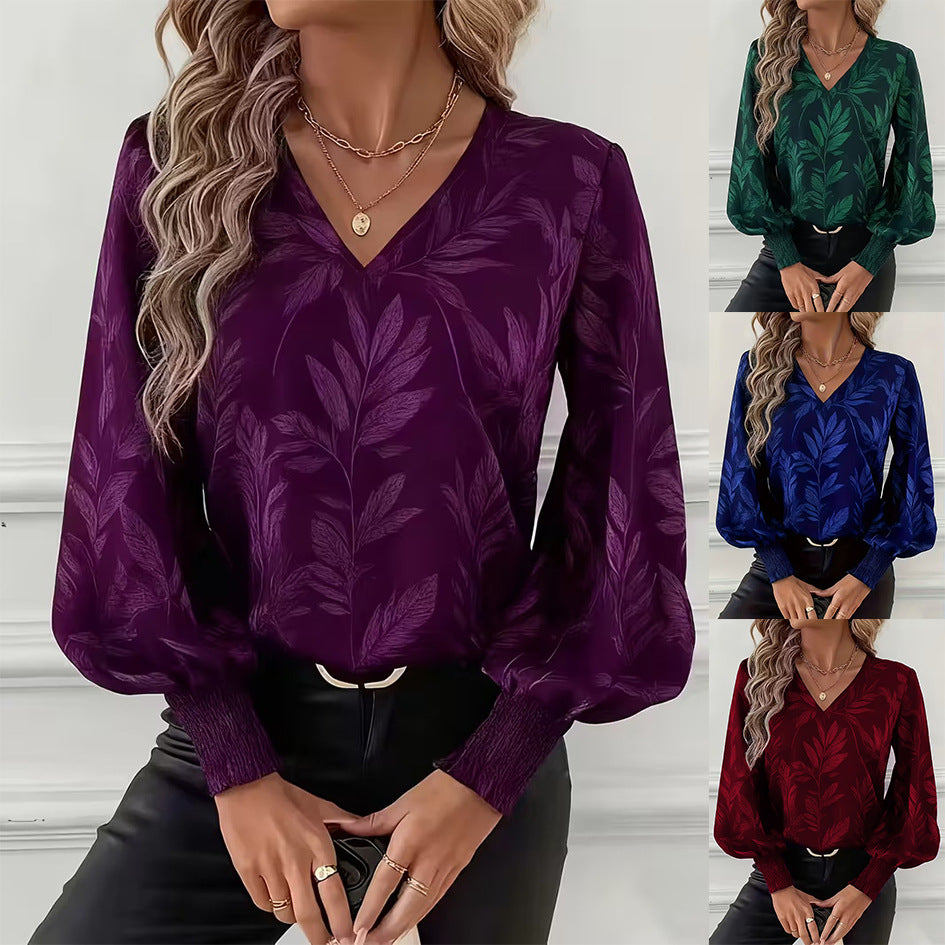 Womens Loose-Fit Printed Long-Sleeve Ruffled Shirt