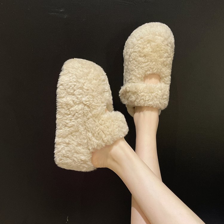 Women's Platform Closed Toe Furry Slippers For Outdoor Wear, 2026 Autumn Winter New Arrival, Fleece Lined Slip-On Height Increasing Cotton Slides For Petite Women