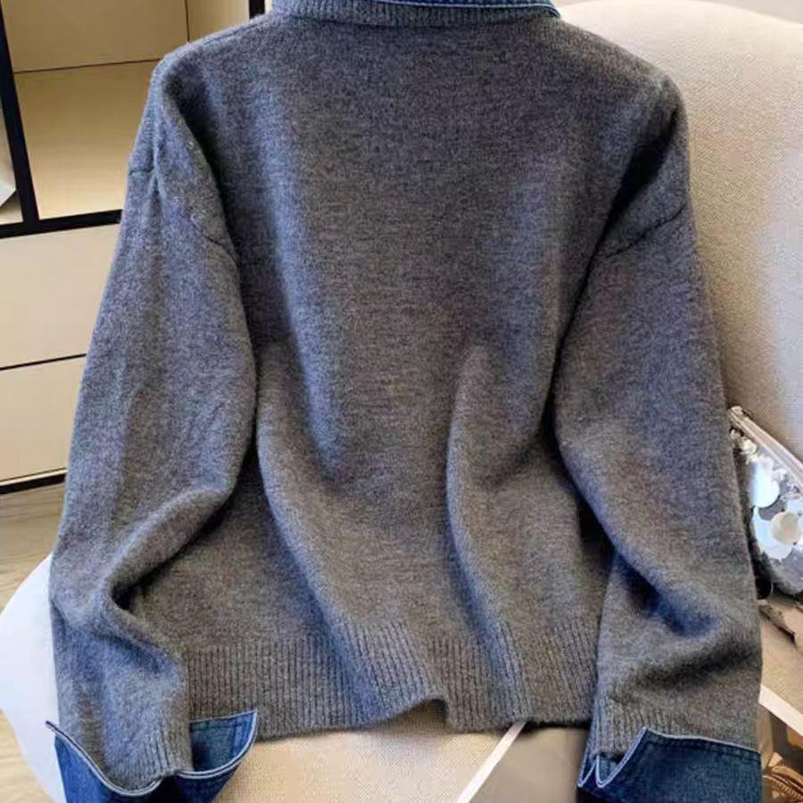 Fake Two-piece Denim Patchwork Polo-neck Contrast-color Sweater