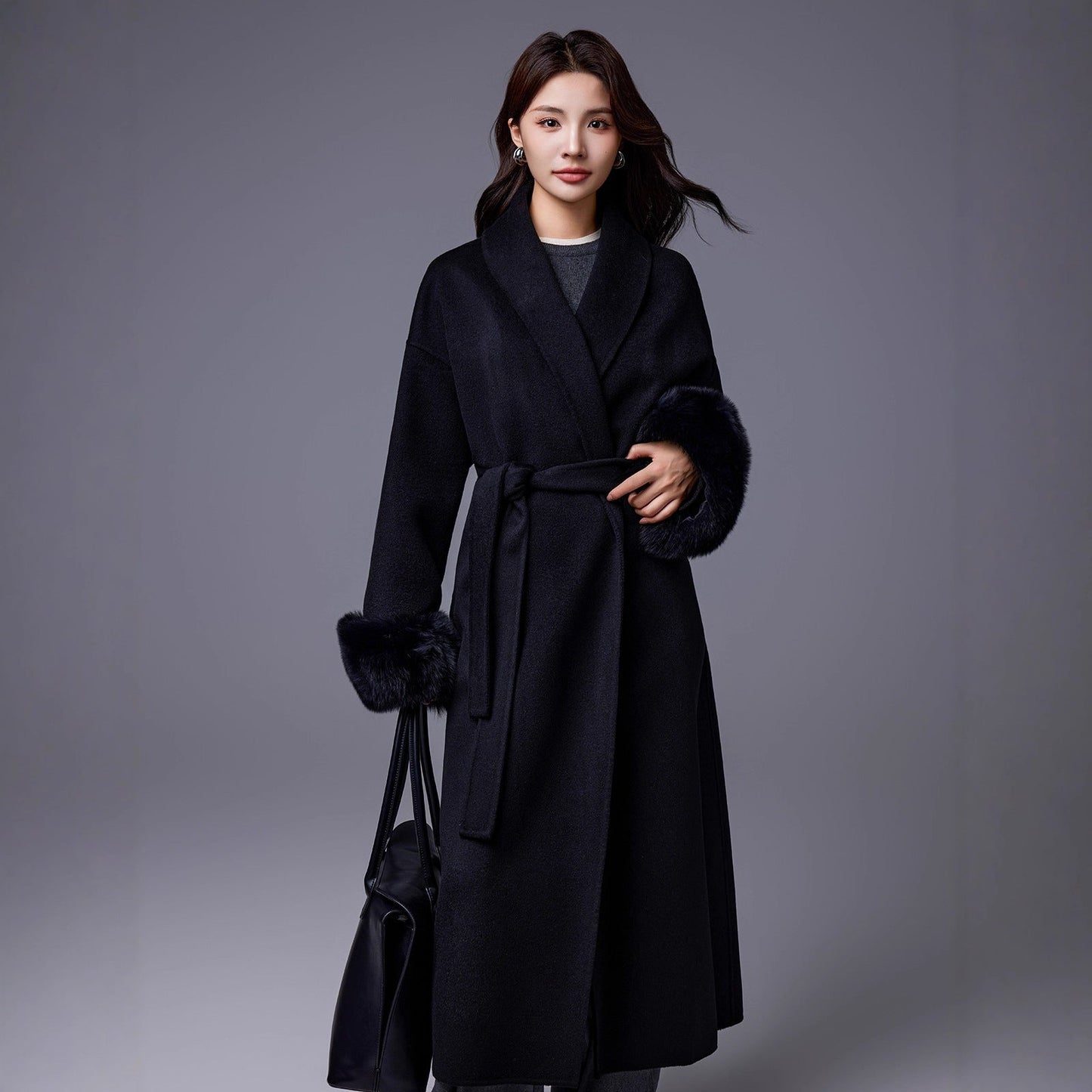 Thickened Coat With Fox-fur Sleeves Womens Belted Wool Blend