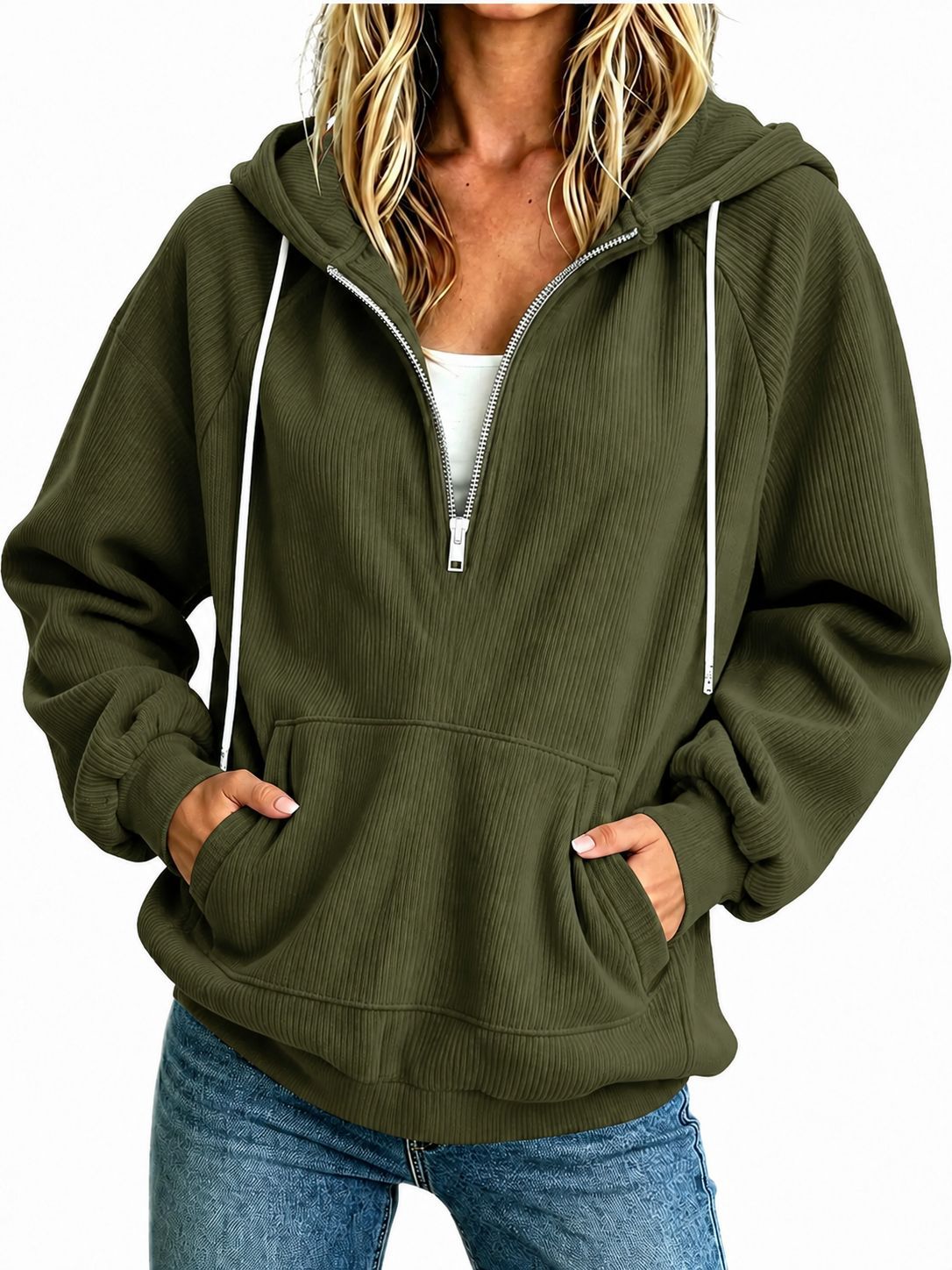 2026 Autumn New European And American Women's Half Zipper Hoodie Loose Long Sleeve Drawstring Casual Top