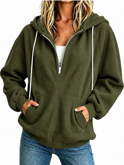 2026 Autumn New European And American Women's Half Zipper Hoodie Loose Long Sleeve Drawstring Casual Top