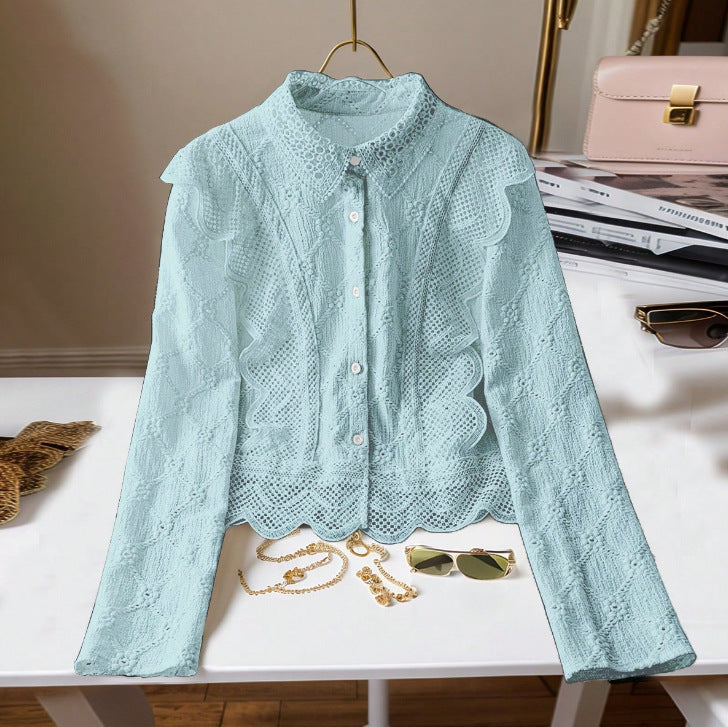 Hollow-out Suit-collar Long-sleeve Single-breasted Casual Lace-patchwork Blouse
