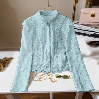 Hollow-out Suit-collar Long-sleeve Single-breasted Casual Lace-patchwork Blouse