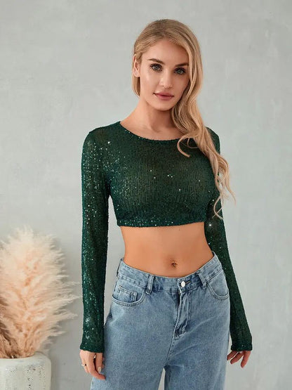 Fashionable Beaded T-shirt Sequined Slim-fit Crop Top