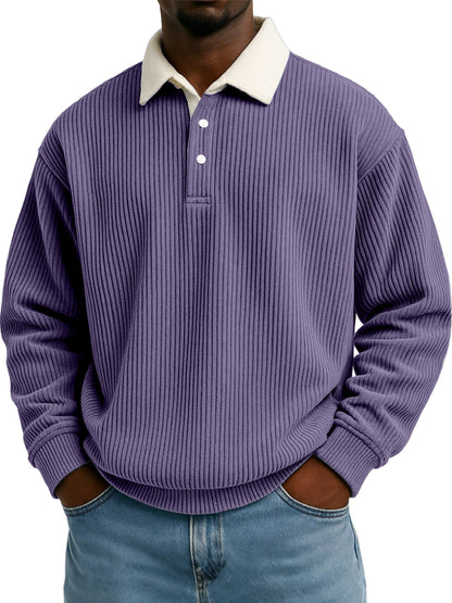 Mens Retro Color-block Corduroy Striped Casual Long-sleeve Shirt