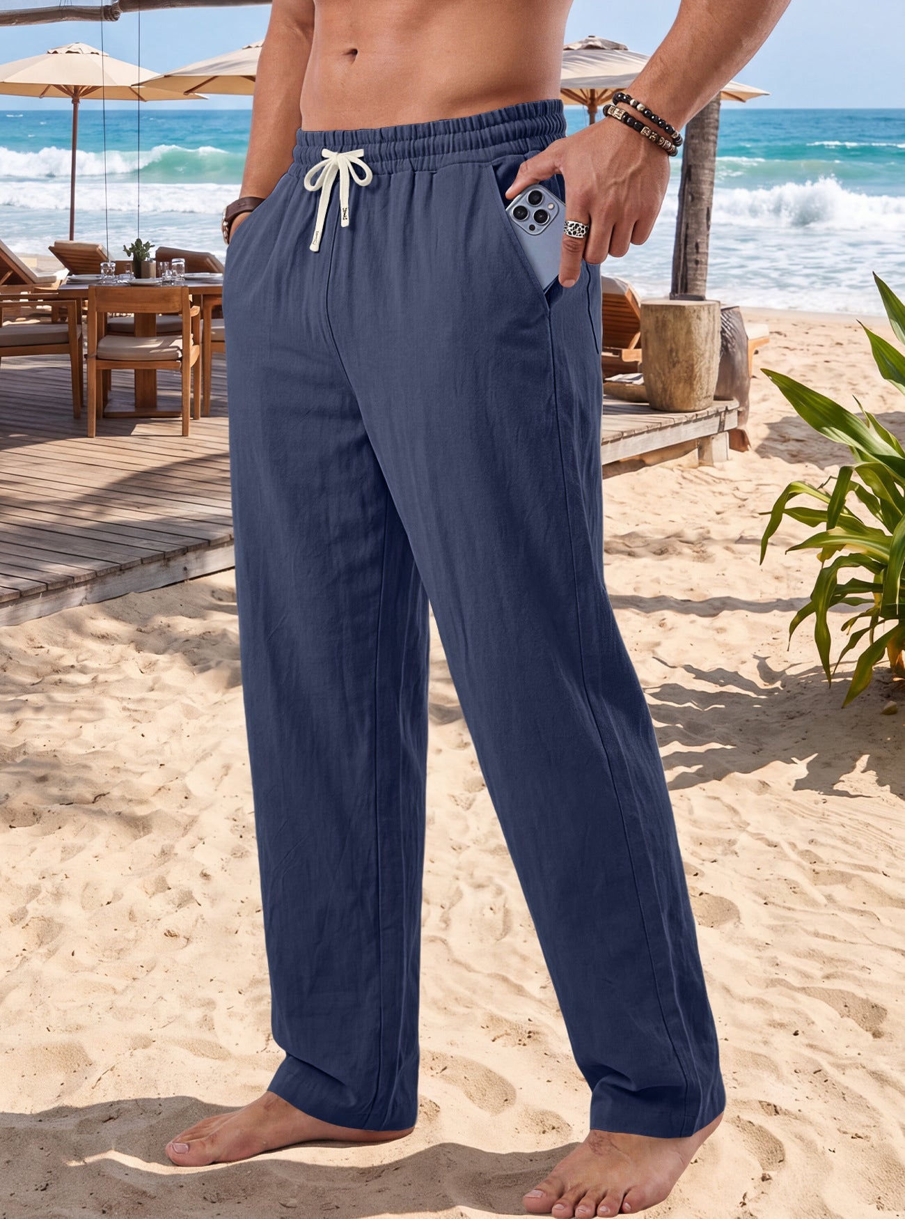 Mens American-style Linen Sand-washed Crinkled Casual Trousers
