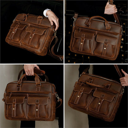 New Vintage Cowhide Men's Handbag Crazy Horse Leather Commuter Computer Bag Genuine Leather High-End Business Briefcase Men's Bag