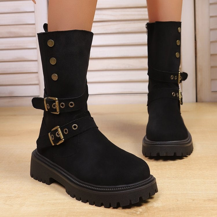 Women Retro Suede Mid Calf Boots Double Buckle Metal Rivet Thick Platform Moto Western Boots