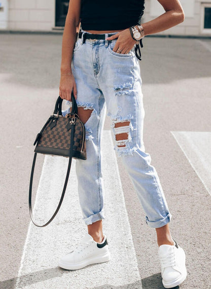 Women's Light Blue Elegant Slim-fit Trousers