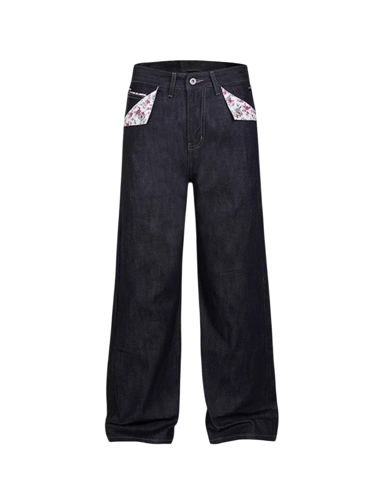 Red-edged Red-ear Raw-edge Slim A-line Straight-leg Floral Denim Jeans For Women