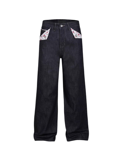 Red-edged Red-ear Raw-edge Slim A-line Straight-leg Floral Denim Jeans For Women