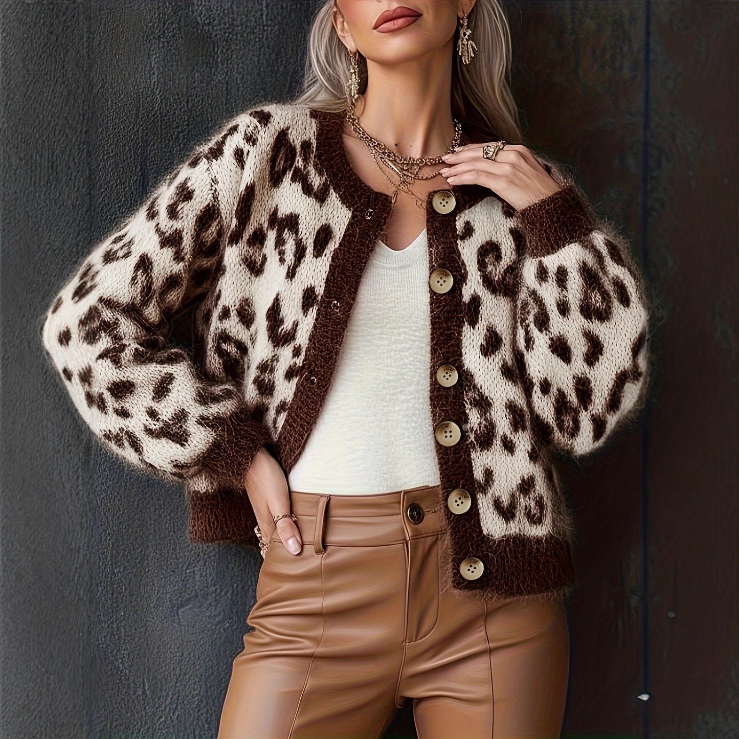 Casual Stylish Retro Leopard-print Contrast-color Jacquard Sweater