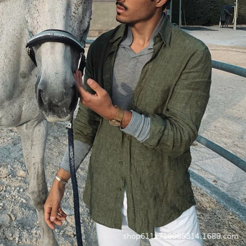 Foreign Trade Autum New Men's Pure Color European And American Loose Casual Lapel Long-Sleeved Cardigan Beach Shirt Men's Style