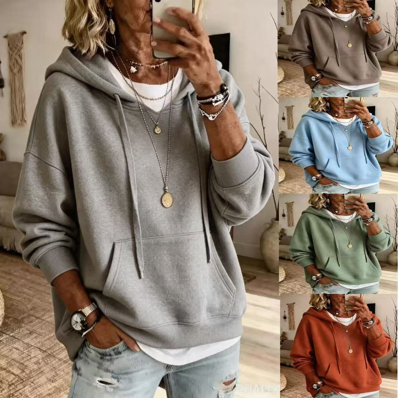 Women Casual Solid Pullover Hoodie Long Sleeve Drop Shoulder Sweatshirt With Drawstring & Kangaroo Pocket Loose Fit Tops