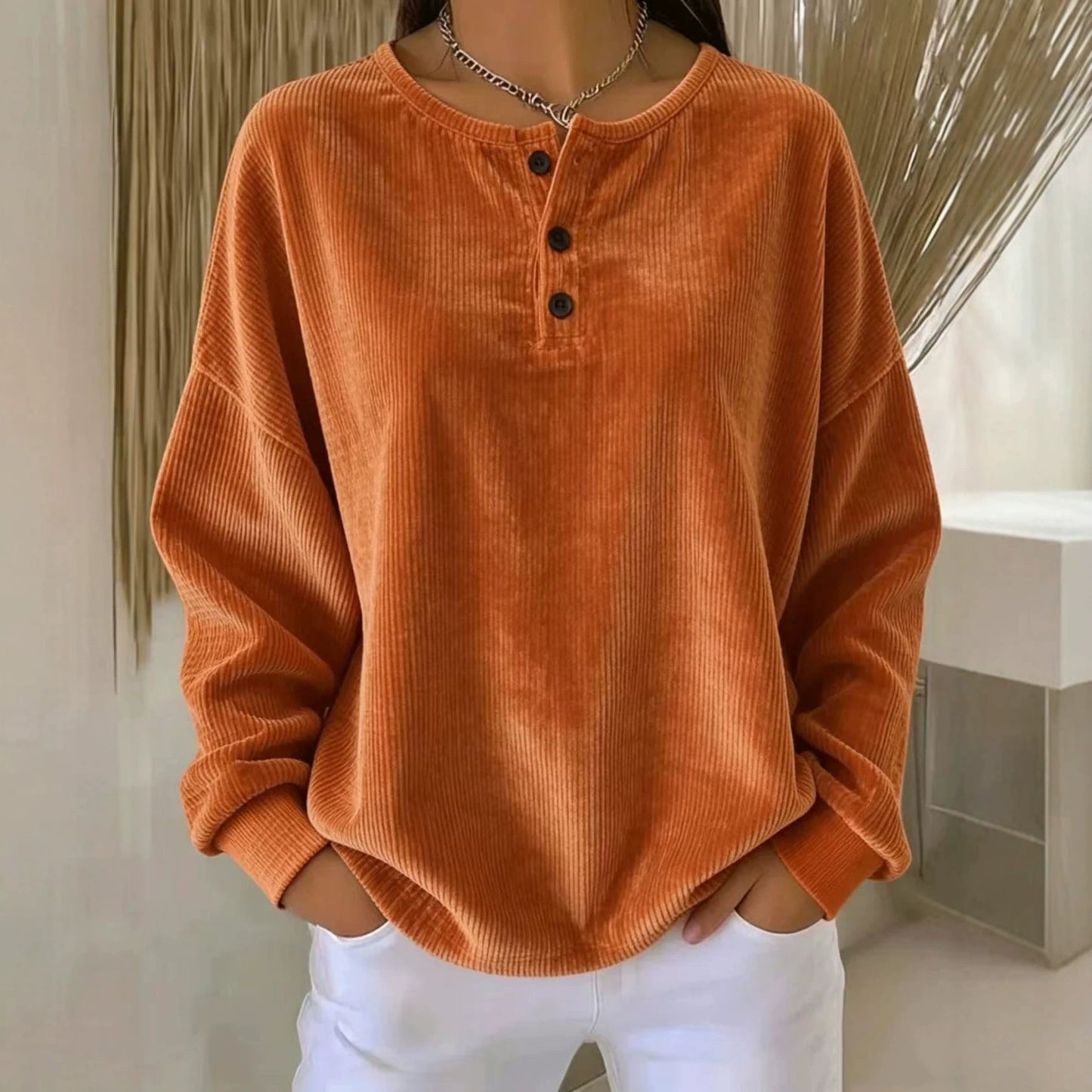 Women's Loose-fitting Round-neck Solid-color Button Sweatshirt