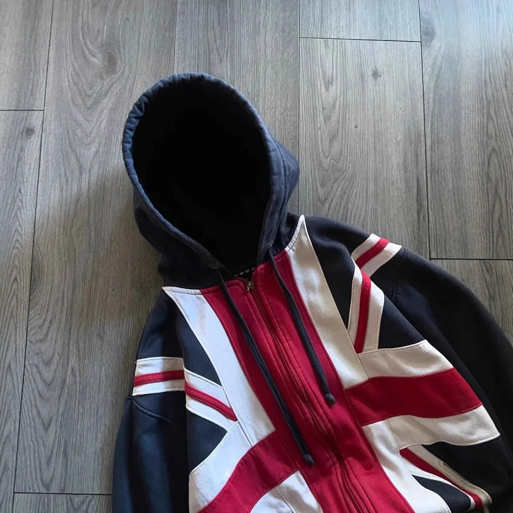Fashionable Patchwork Hooded Zip-Up Sweatshirt Jacket