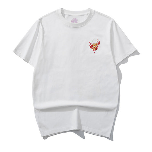 Embroidered Dragon Pattern Round Neck Cotton T-shirt