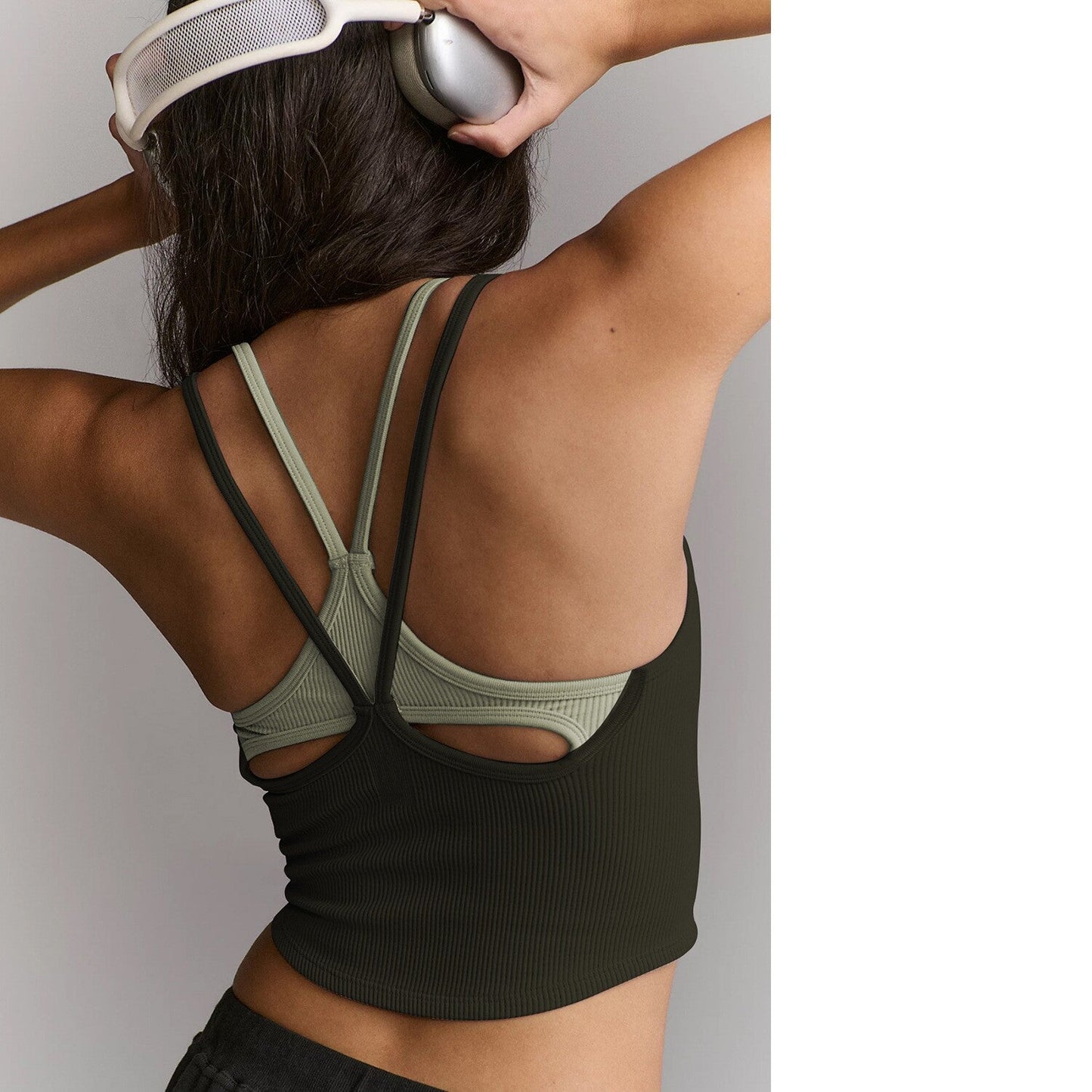 Women's Sleeveless Fashionable Unique Sports Casual Thin Strap Hollow Back Crop Backless Tank Top With Built-in Bra Pads