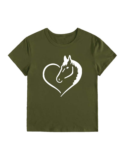 Heart Horse Pattern Printed Shoulder Short Sleeve