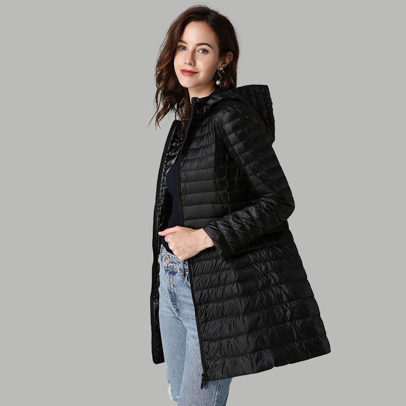 Lightweight Mid-length White Duck Down Slim-fit Winter Hooded Coat