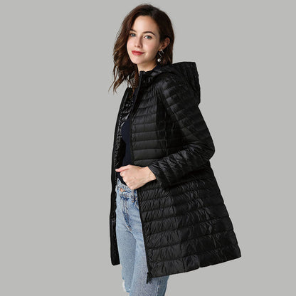 Lightweight Mid-length White Duck Down Slim-fit Winter Hooded Coat
