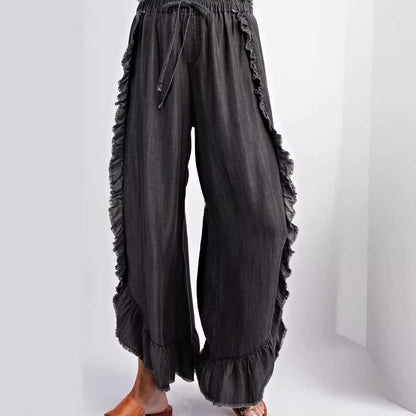 Womens Washed Cotton Denim Flared Pants With Ruffled Hem