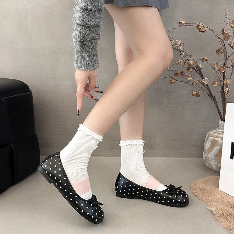 2026 Spring New Soft Sole Slip-on Ballet Flats, French Polka Dot Bow Flat Mary Jane Shoes For Women