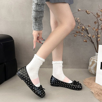 2026 Spring New Soft Sole Slip-on Ballet Flats, French Polka Dot Bow Flat Mary Jane Shoes For Women