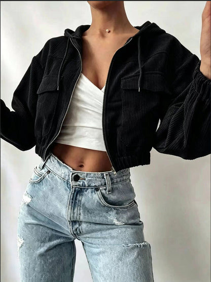 Womens Hooded Drawstring Short Jacket With Long Sleeves