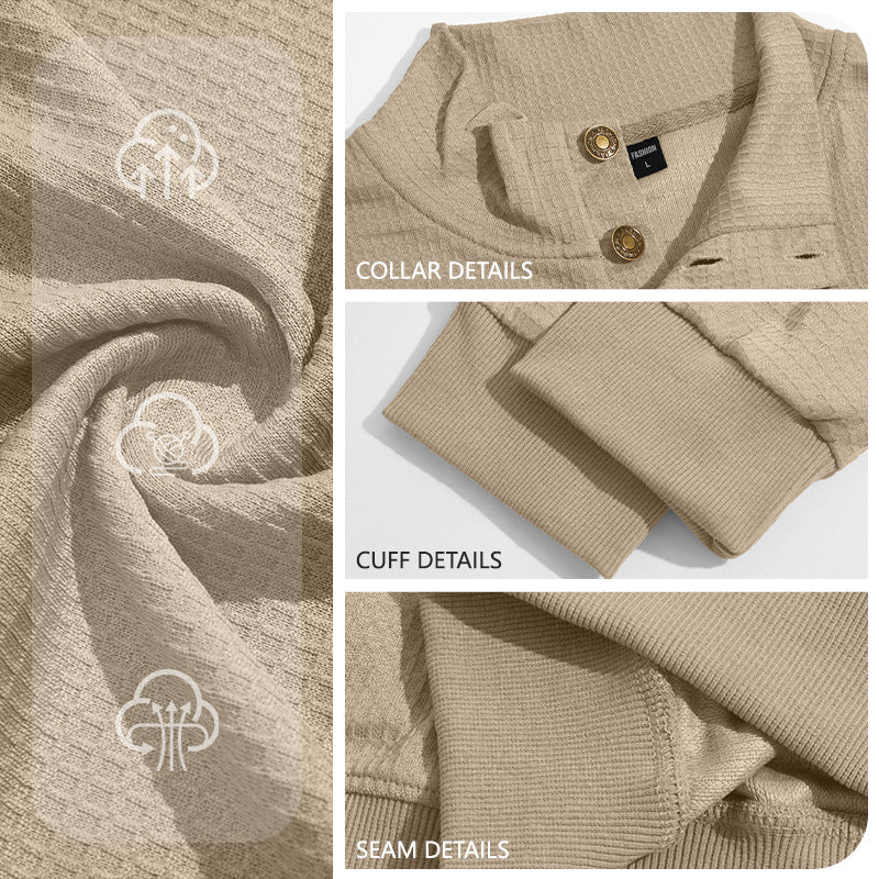 Men's Autumn & Winter Waffle Solid Color Half-Zip Stand Collar Pullover, Foreign Trade Long Sleeve Casual Sweatshirt