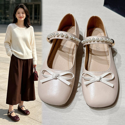 Girls & Women Gentle Style Pearl Mary Jane Flats, Bow Decoration Non Slip Soft Sole Hook And Loop Dress Shoes For Spring Autumn