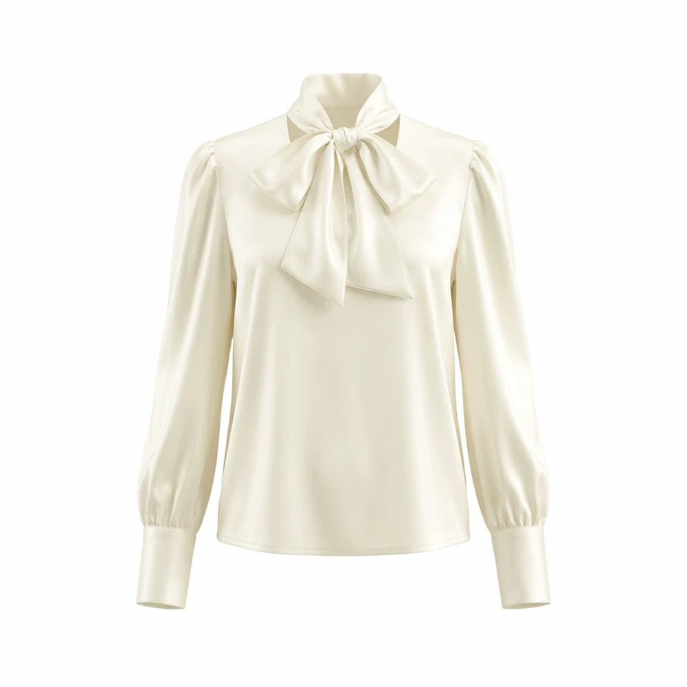 Elegant Solid-color V-neck Long-sleeve Blouse With Ribbon Detailing