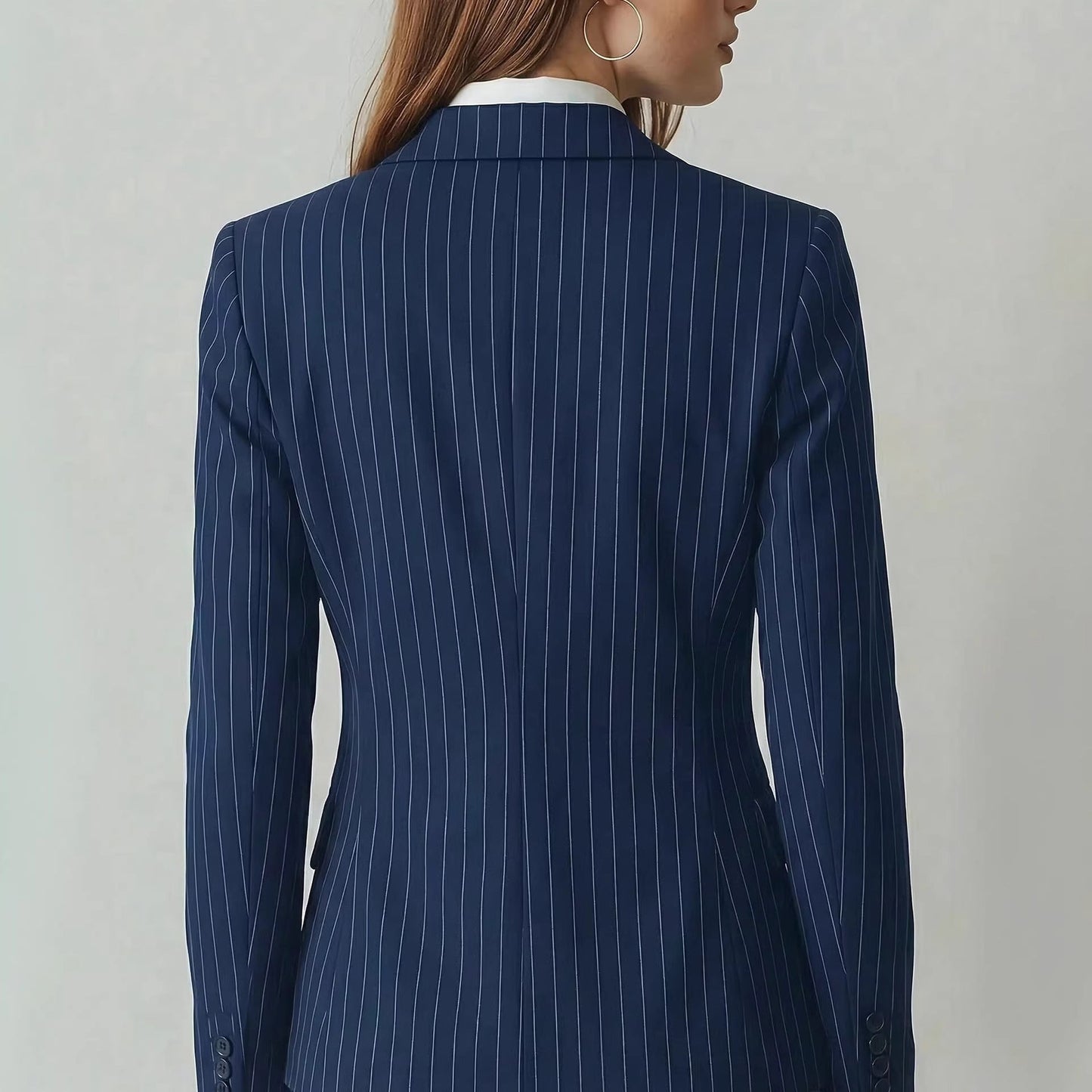 Navy Blue Striped Waist-Cinching Slimming Single-Buckle Petite Blazer For Women