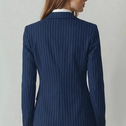 Navy Blue Striped Waist-Cinching Slimming Single-Buckle Petite Blazer For Women