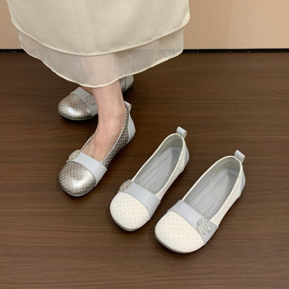Women Round Toe Polka Dot Mary Jane Flats Color Block Spliced Pearl Buckle Soft Sole Slip On Ballet Flat Shoes Casual Daily Walking Footwear