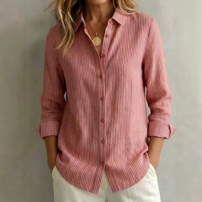 Womens Long-sleeved Linen Shirt With Blue And White Vertical Stripes